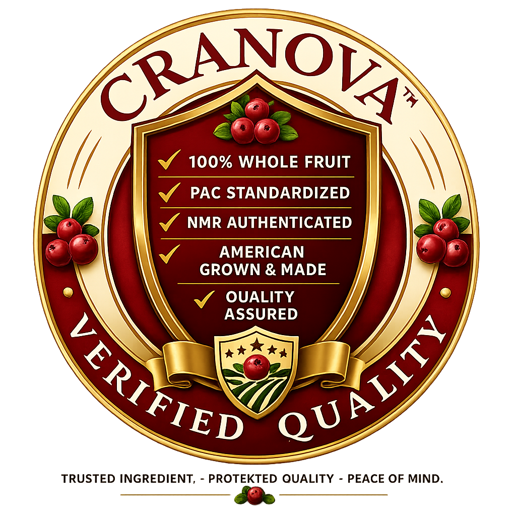 CRANOVA™ Verified Quality seal — 100% whole fruit, PAC standardized, NMR authenticated, American grown and made, quality assured