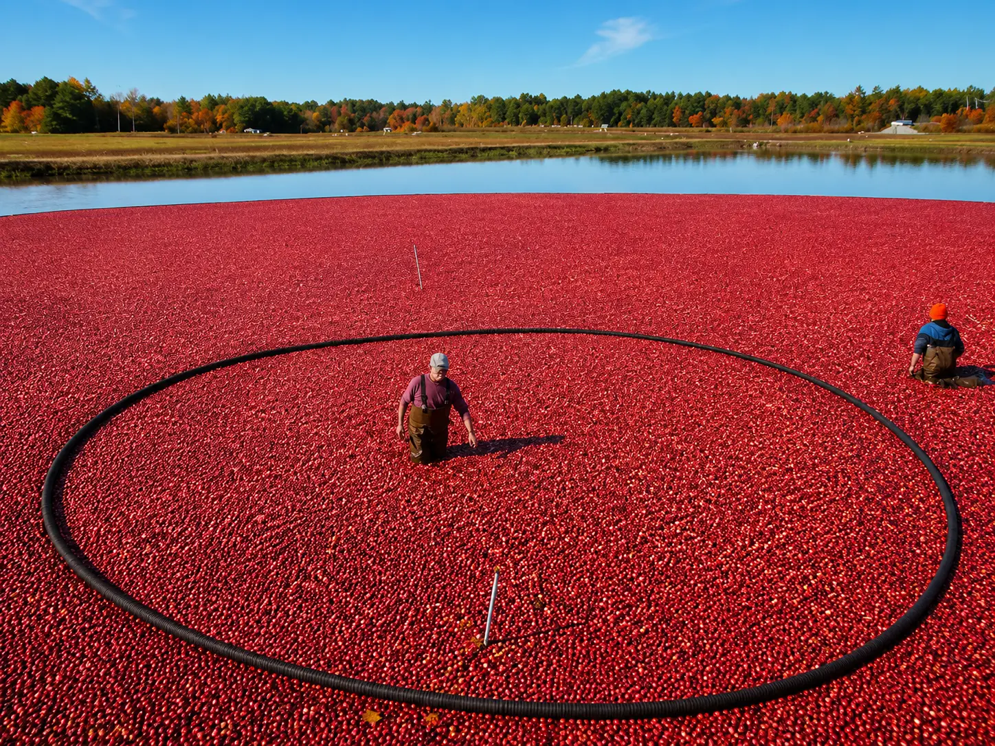 Cranberry growers wading through a flooded bog during the fall harvest