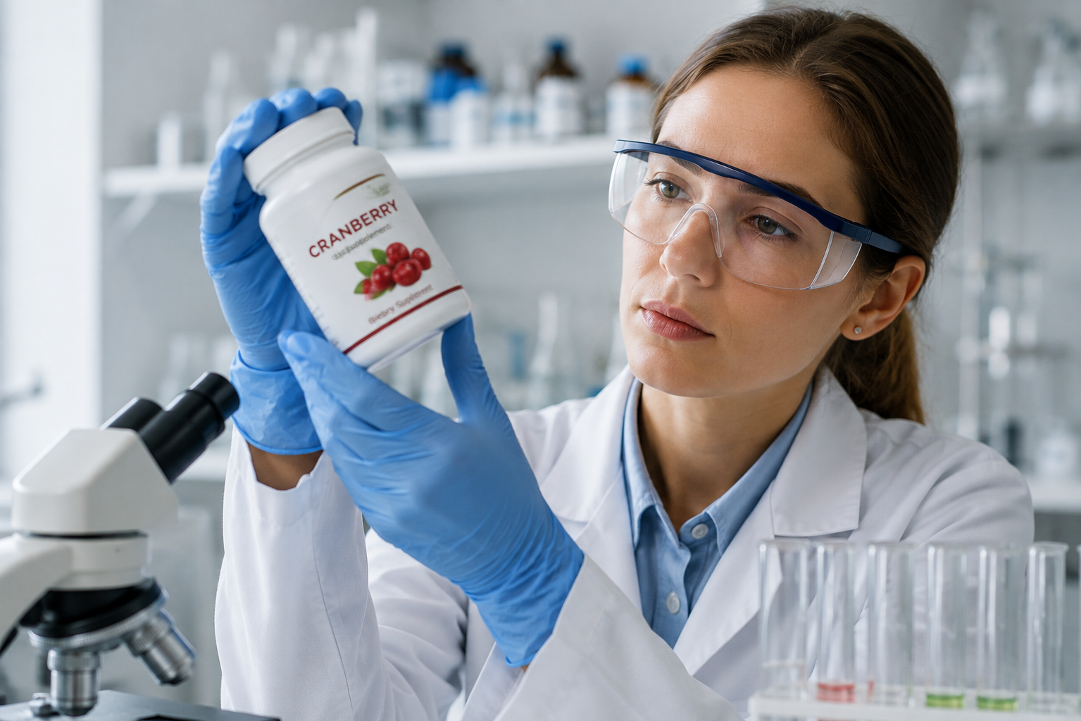 Scientist holding vial of cranberry extract