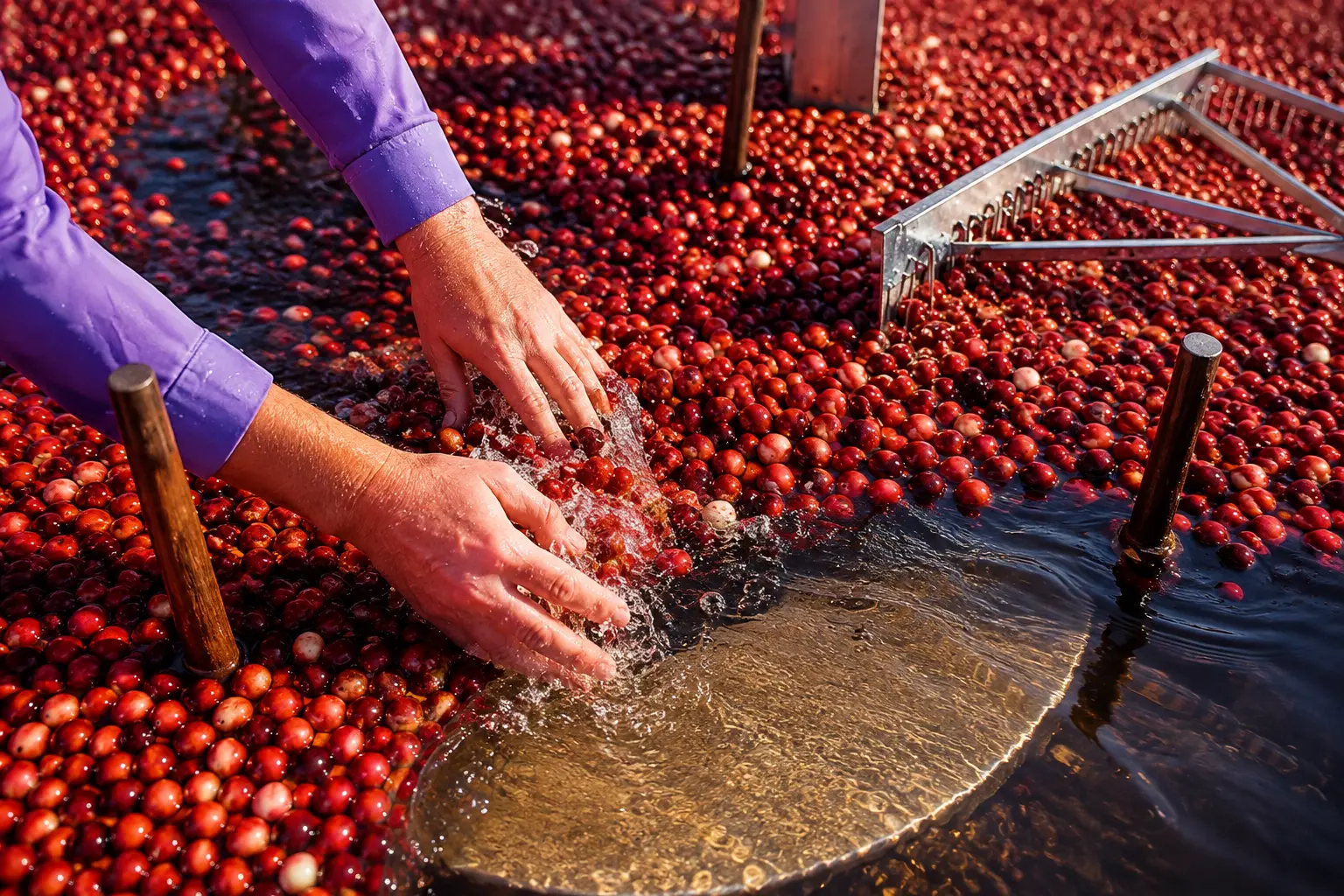 Growers harvesting cranberries in a flooded bog