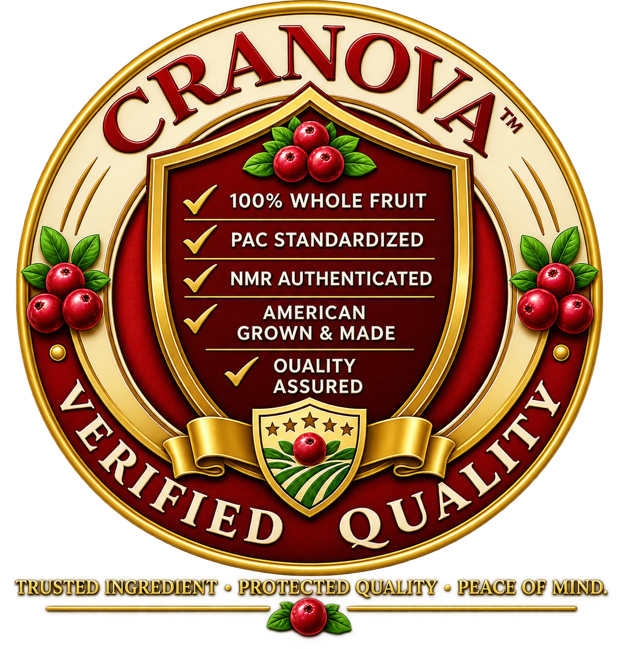 CRANOVA™ Verified Quality seal — 100% whole fruit, PAC standardized, NMR authenticated, American grown and made, quality assured