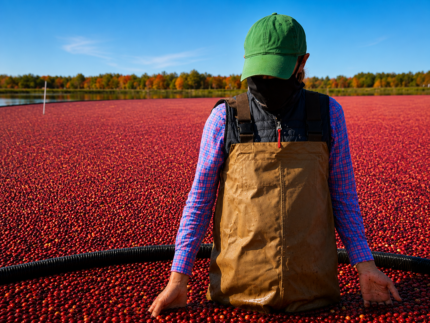 Cranberry grower standing in a flooded bog during wet harvest