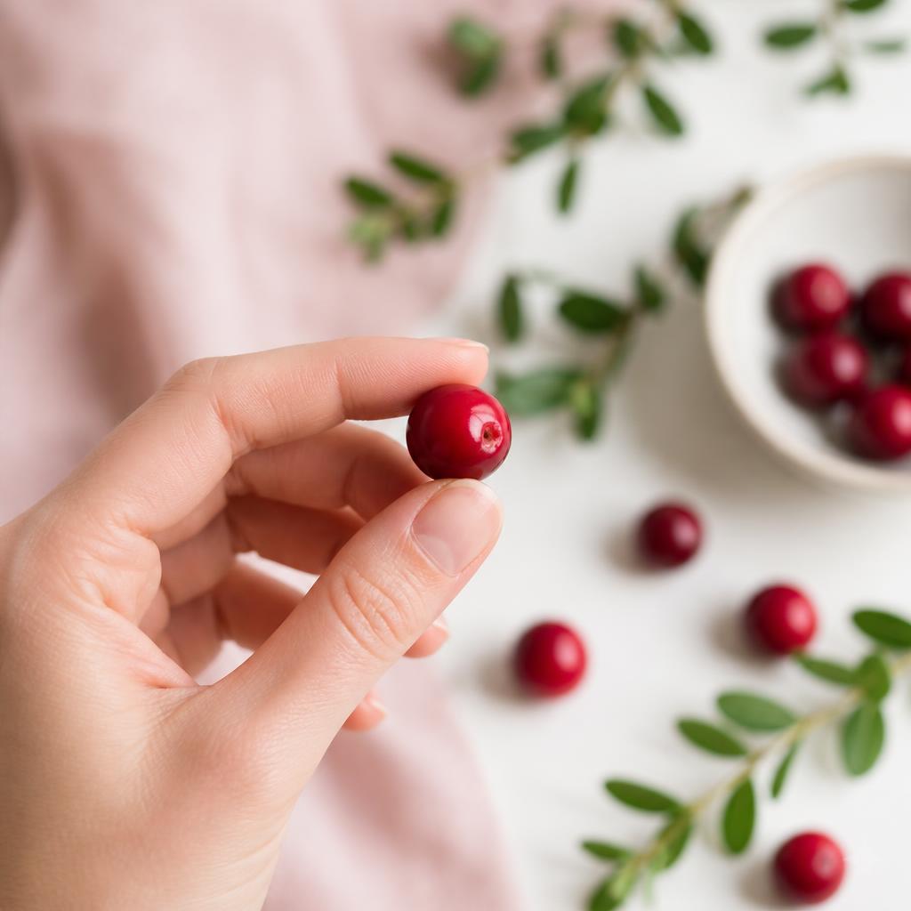 Hand holding a fresh cranberry